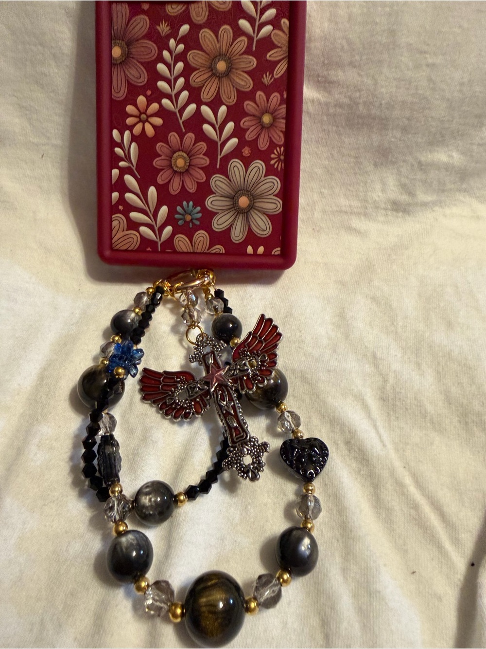 Winged Cross Pendant Beadedin Red and Black phone charm or keychain